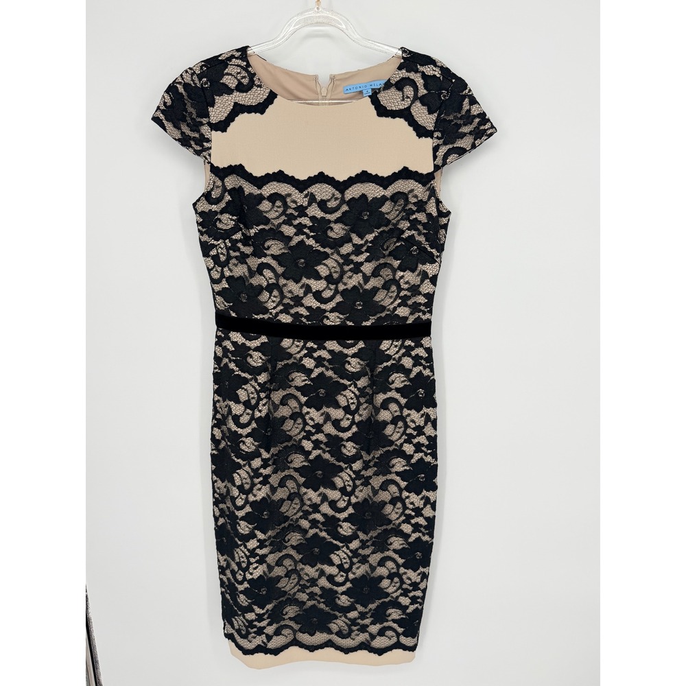 Antonio Melani Black Cream Floral Lace Cap Sleeve Sheath‎ Dress Size 4 - Picture 6 of 14